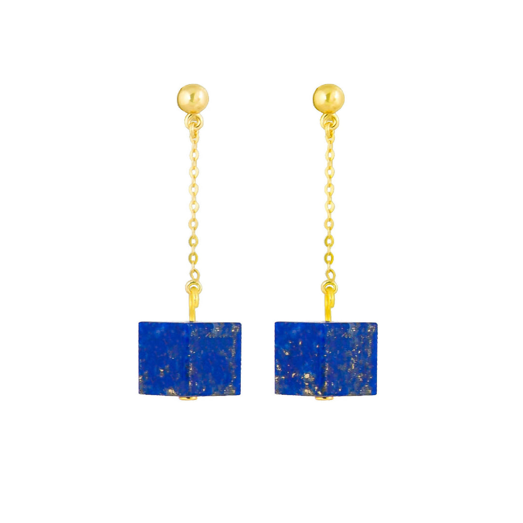 Drop Earrings Lapis Lazuli Cube on Gold Stud & Chain