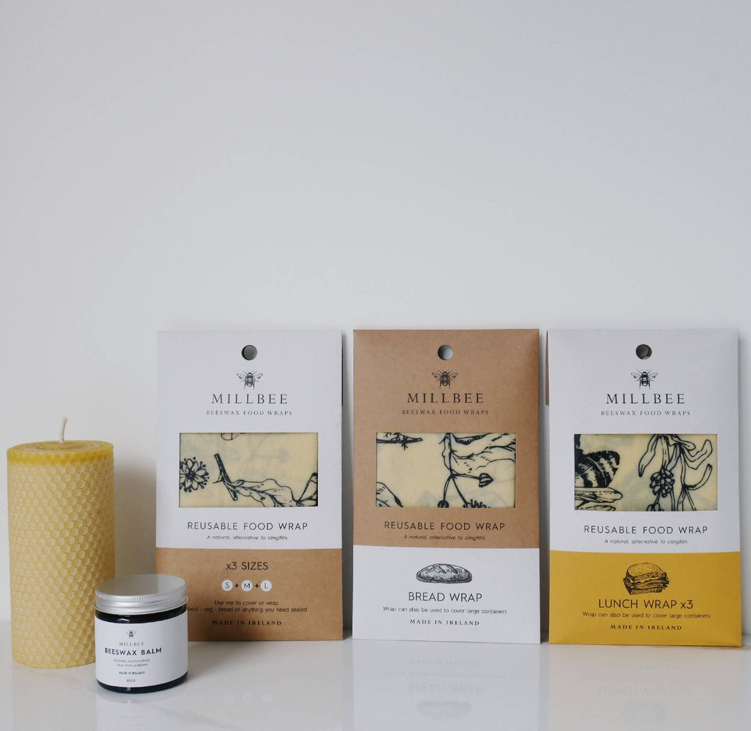 Millbee beeswax wraps (full range), beeswax candle and balm