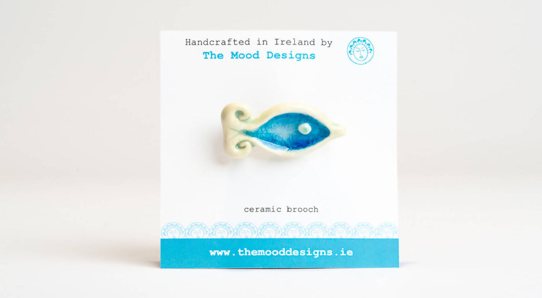 Fish Brooch irish ceramics gift from Ireland pottery sea inspired stocking filler Christmas present small under 20 blue The Mood Designs handmade in Mayo handcrafted brooch pin jewellery unique