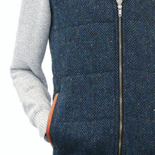 Load image into Gallery viewer, Men&#39;s Blue Tweed Body Warmer and Gilet with Leather Trims.

