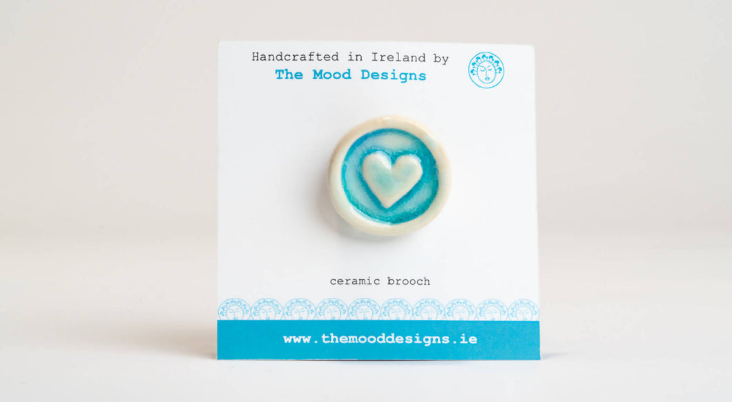 Heart Brooch irish ceramics gift from Ireland pottery sea inspired stocking filler Christmas present small under 20 blue The Mood Designs handmade in Mayo handcrafted brooch pin jewellery love