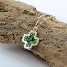 Load image into Gallery viewer, Green Irish Clover Handmade Cloisonné Silver Enamelled Cross Pendant
