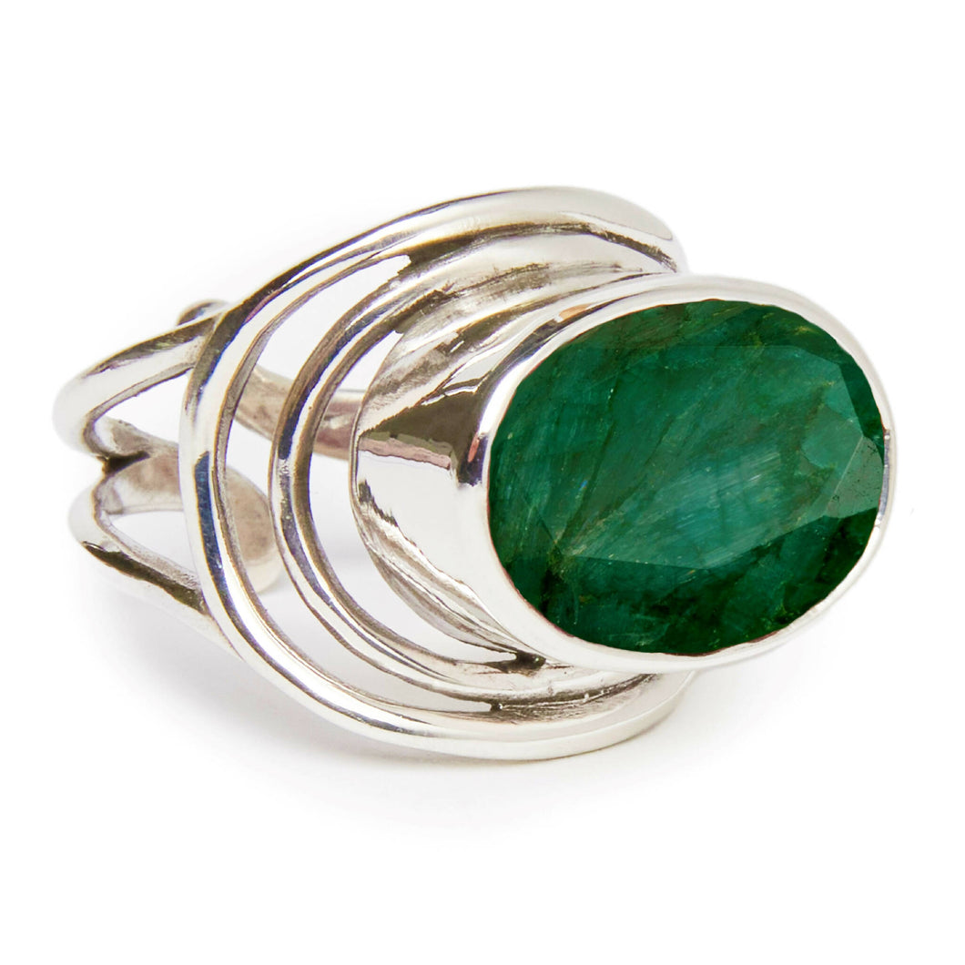 Party Ring In Silver & Rough Emerald