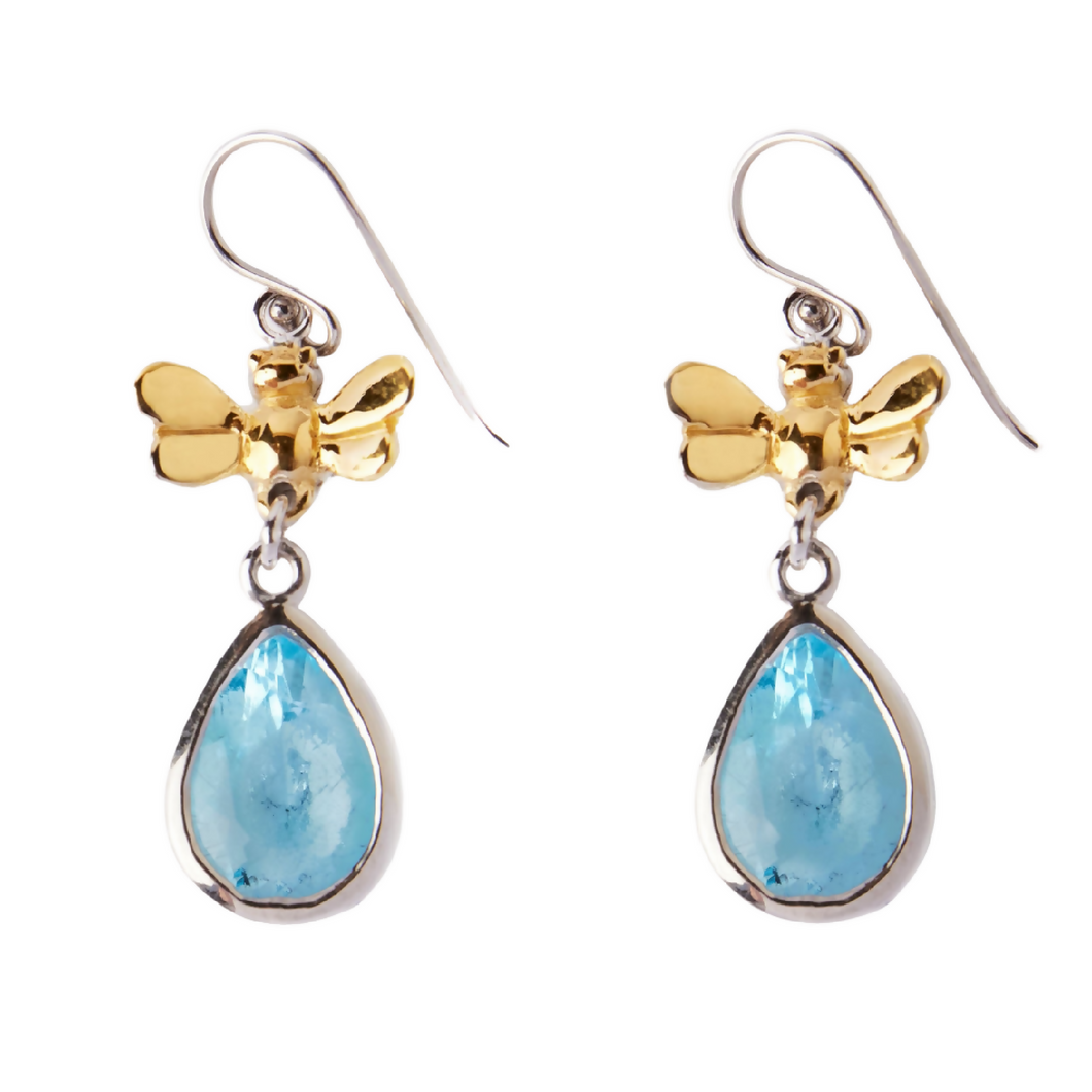 Bee Drop Earrings in Silver Gold & Blue Topaz