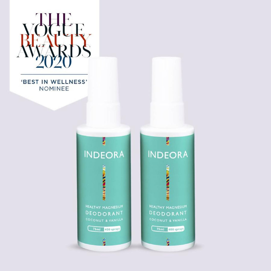 Award Winning, Indeora Healthy Magnesium Deodorant. Duo Save Pack. (6 month Supply). FREE IRE/UK/USA SHIPPING.