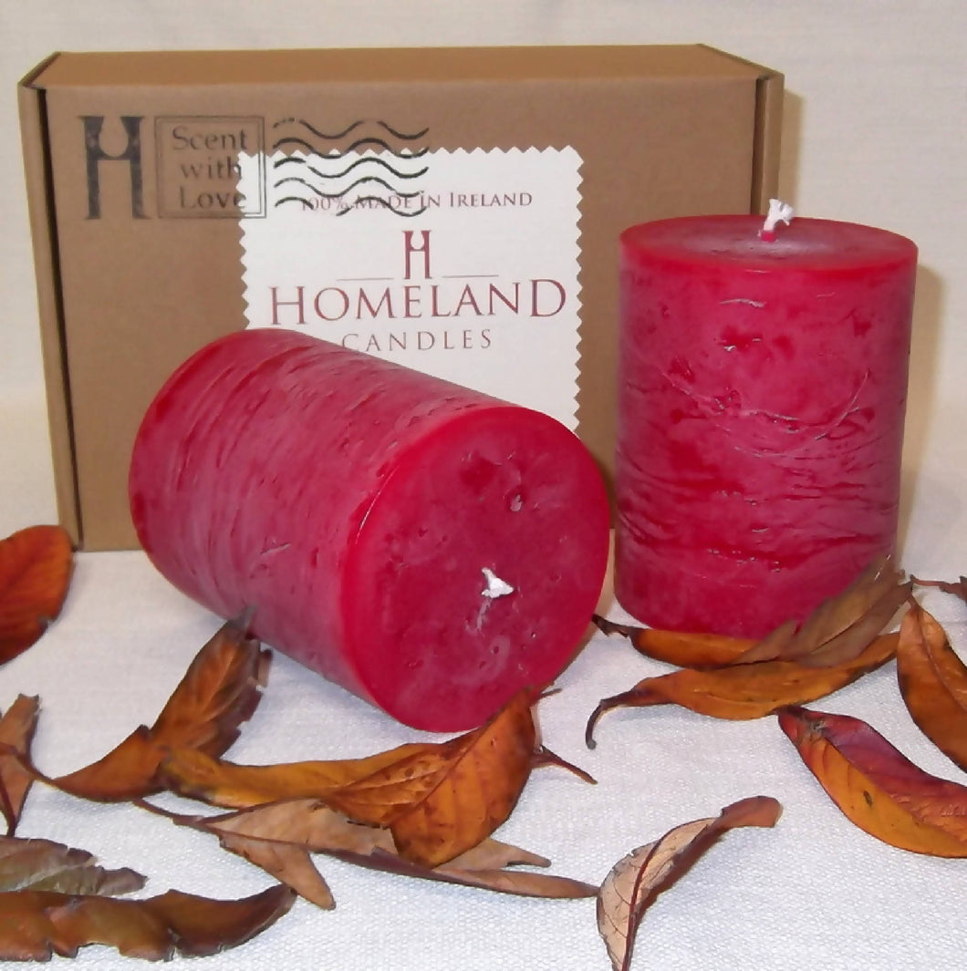 Set of 2 Ruby Red Pillar Candles - Christmas Spice