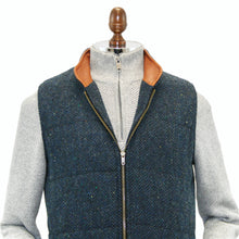 Load image into Gallery viewer, Men&#39;s Blue Tweed Body Warmer and Gilet with Leather Trims.
