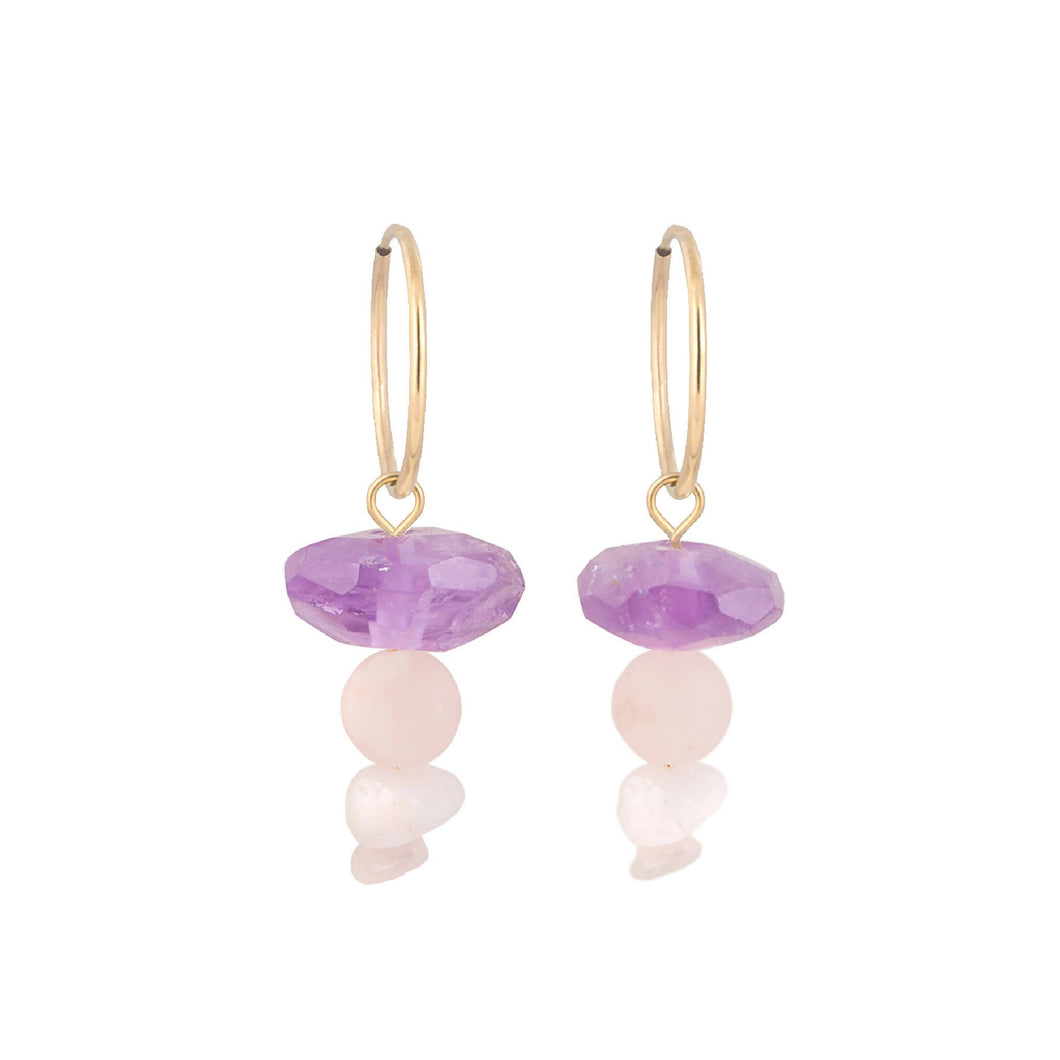 Hoop Earrings Purple Amethyst & Rose Quartz on Gold