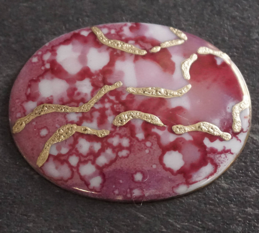 Pink and Ruby Oval Porcelain Brooch (Large)