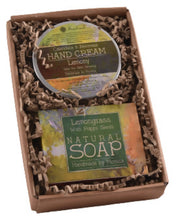 Load image into Gallery viewer, natural soap and hand cream in a small hamper
