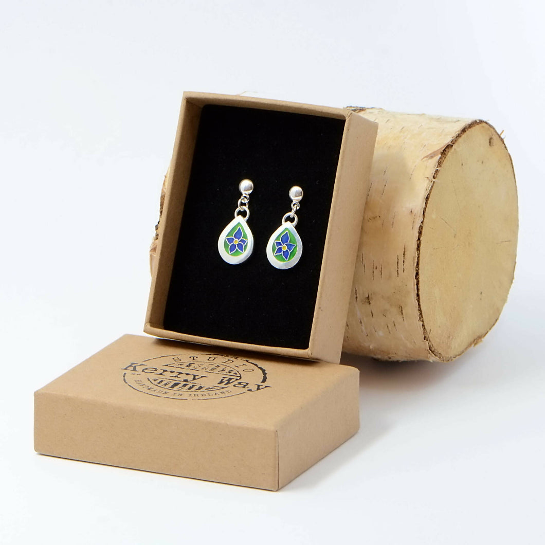 Blue and Green Drop Handmade Cloisonné Enamelled Earrings