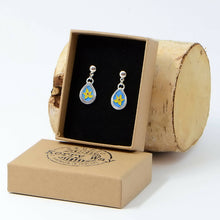 Load image into Gallery viewer, Blue and Yellow Drop Handmade Cloisonné Enamelled Earrings
