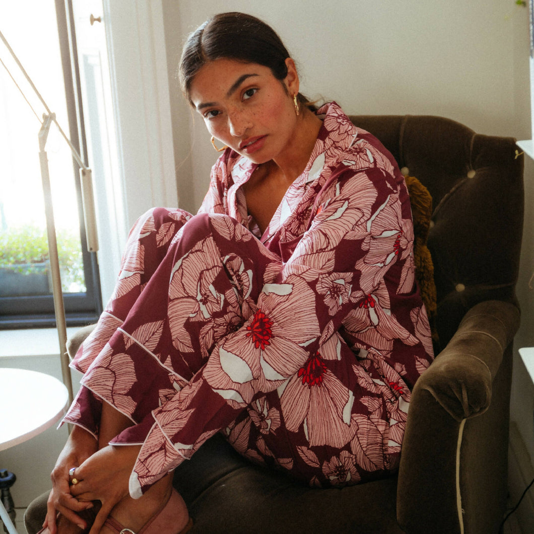 Flora Burgundy Long Pyjama Set - 100% Organic Cotton