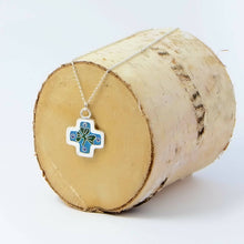 Load image into Gallery viewer, Green and Turquoise Irish Clover Handmade Cloisonné Silver Enamelled Cross Pendant
