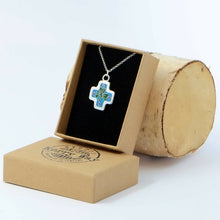 Load image into Gallery viewer, Green and Turquoise Irish Clover Handmade Cloisonné Silver Enamelled Cross Pendant
