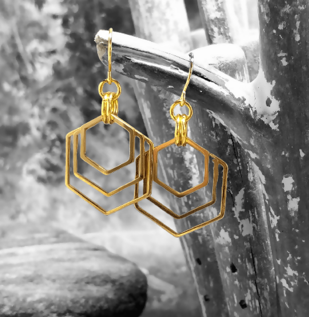 Layered Gold Hexagon Earrings