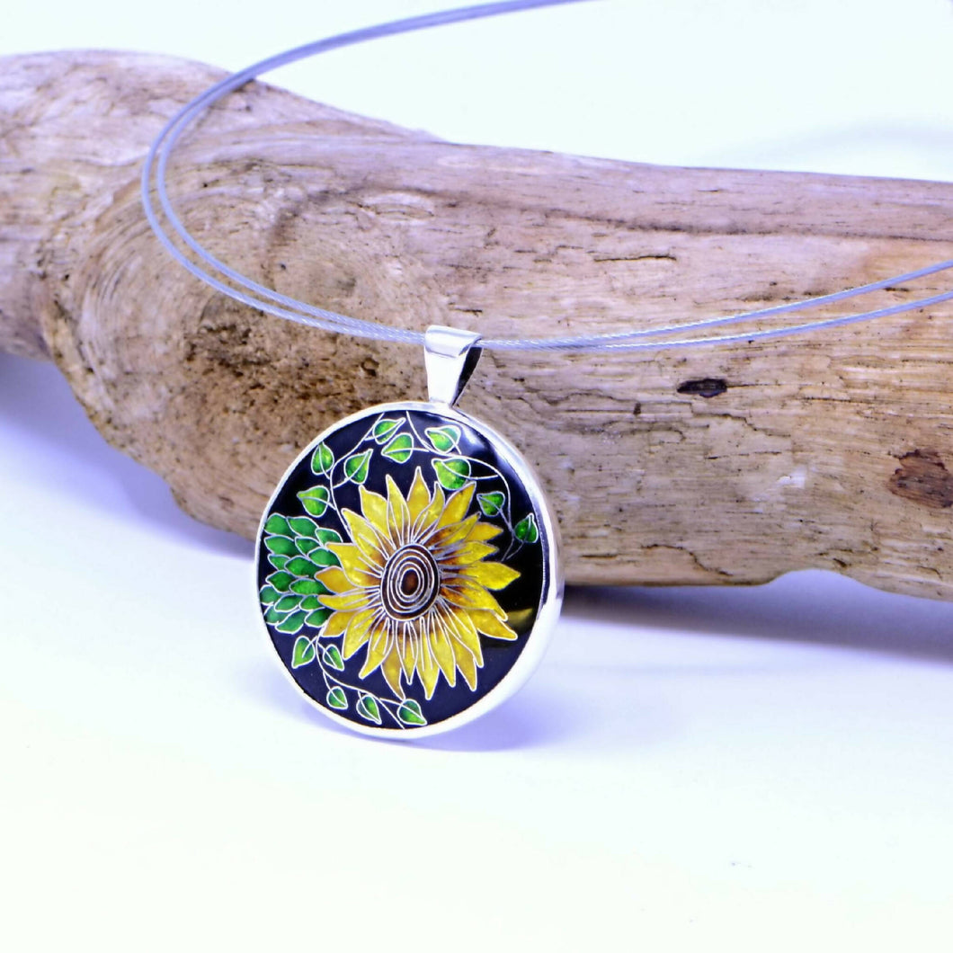 Handmade Cloisonné Enamelled Sunflower Silver Pendant