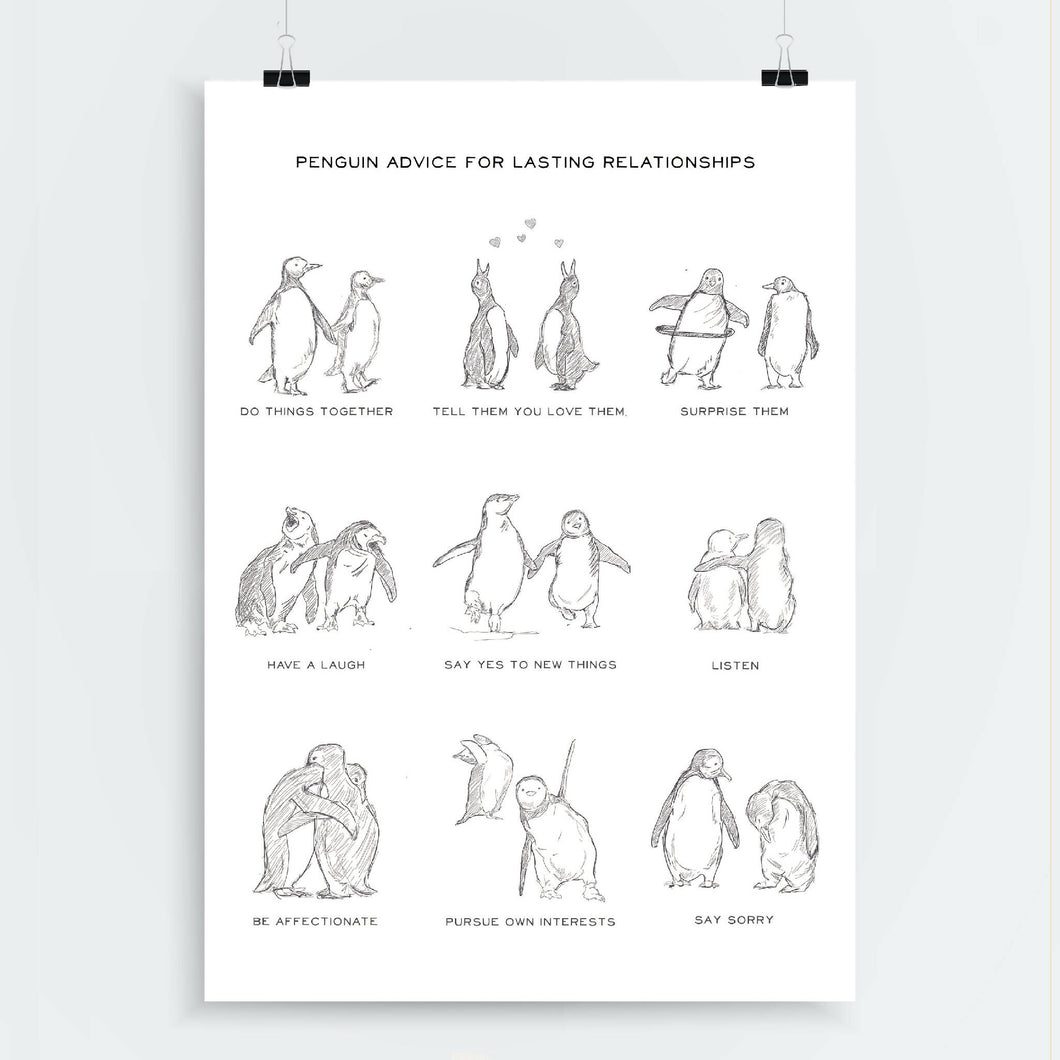 Penguin Advice for Lasting Relationships Art Print