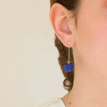 Load image into Gallery viewer, Drop Earrings Lapis Lazuli Cube on Gold Stud &amp; Chain
