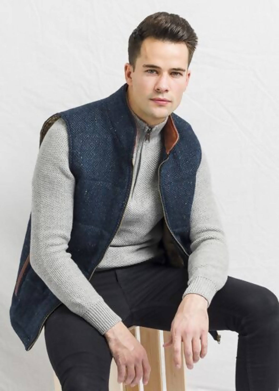 Men's Blue Tweed Body Warmer and Gilet with Leather Trims.