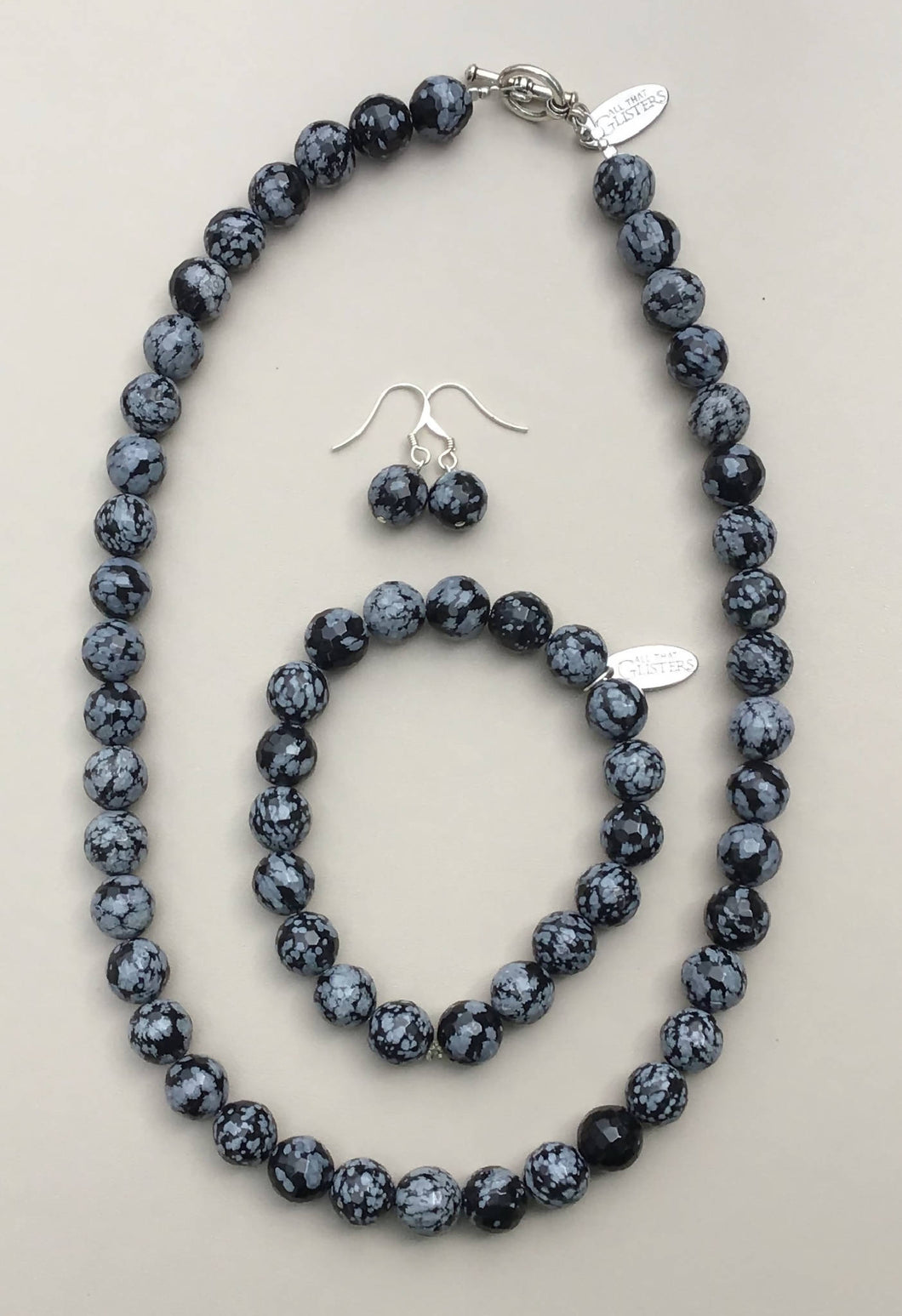Snowflake Obsidian Necklace, Bracelet and Earrings