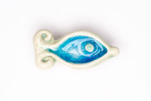 Load image into Gallery viewer, Fish Brooch irish ceramics gift from Ireland pottery sea inspired stocking filler Christmas present small under 20 blue The Mood Designs handmade in Mayo handcrafted brooch pin jewellery unique
