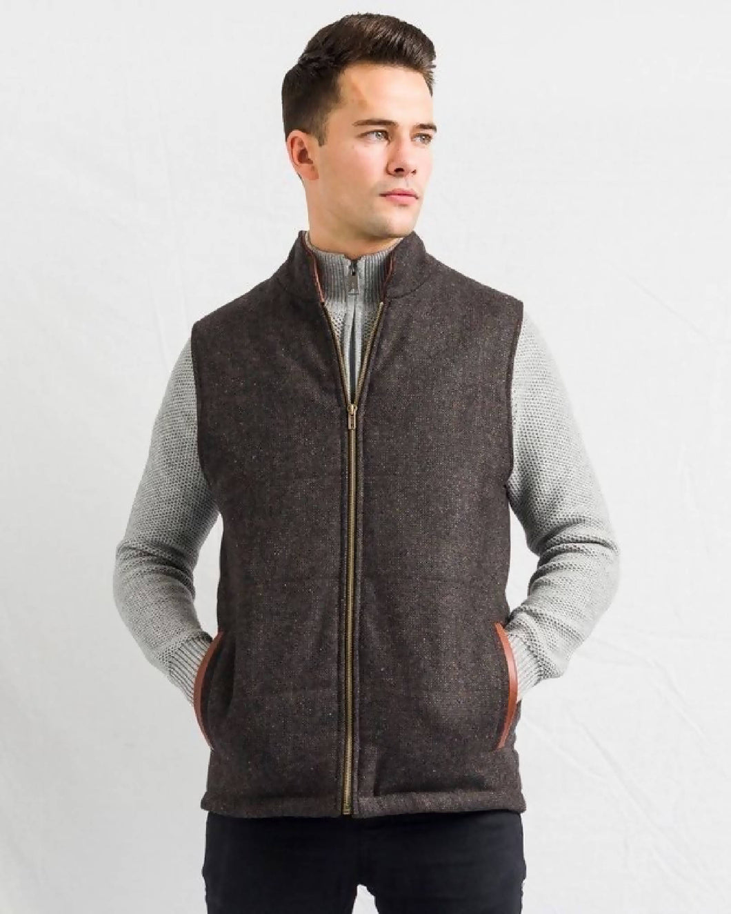 Men's Brown Tweed Body Warmer And Gilet With Leather Trims