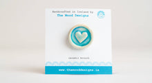 Load image into Gallery viewer, Heart Brooch irish ceramics gift from Ireland pottery sea inspired stocking filler Christmas present small under 20 blue The Mood Designs handmade in Mayo handcrafted brooch pin jewellery love
