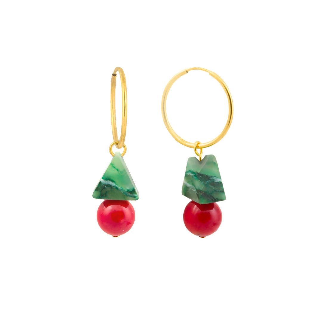 Hoop Earrings - Christmas Green Aventurine & Red Coral