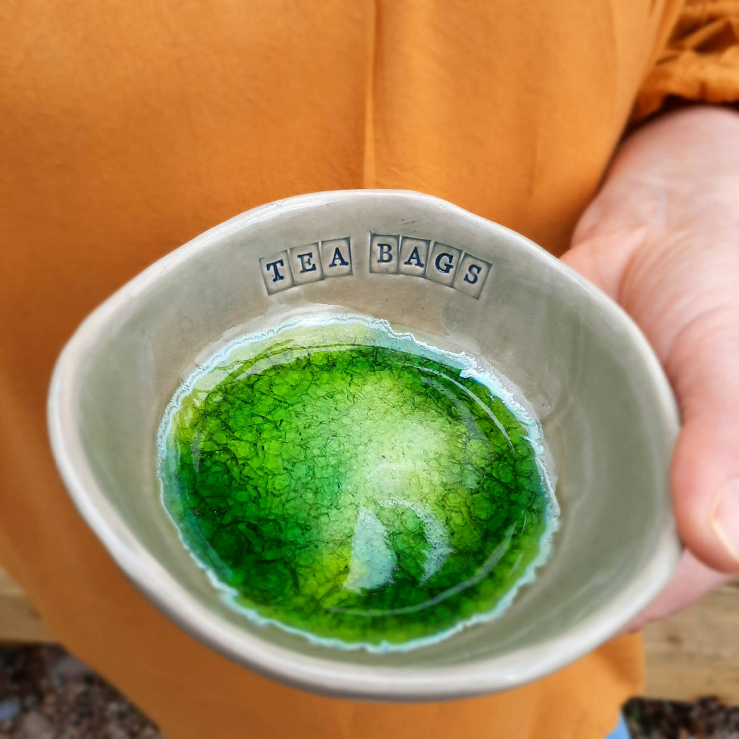 Ceramic bowl for used tea bags, Handcrafted in Ireland. Stone and Moss range